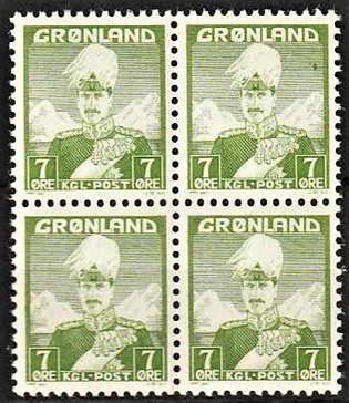 FRIMÆRKER GRØNLAND | 1938 - AFA 3 - Christian X - 7 øre gulgrøn i 4-blok - Postfrisk