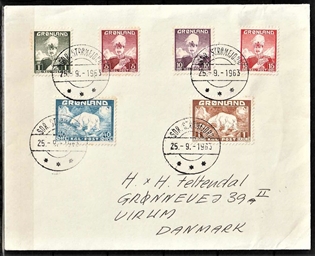 FRIMÆRKER GRØNLAND | 1946 - AFA 27 mv. - Christian X + Isbjørn - 40 øre blå mv. på brev - Stemplet