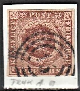 FRIMÆRKER DANMARK | 1852 - AFA 1 - 4 R.B.S Ia rødbrun - Thiele I - Stemplet