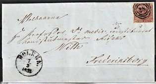 FRIMÆRKER DANMARK | 1852 - AFA 1 - 4 R.B.S Ia rødbrun - Thiele I på brev - Pænt Stemplet nr. 28