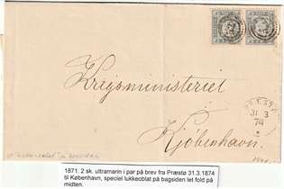 FRIMÆRKER DANMARK | 1871 - AFA 1 - 2 sk. Ultramarin i par på brev til Krigsministeriet - Stemplet med nummerstempel 52