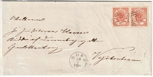 FRIMÆRKER DANMARK | 1864-70 - AFA 13 - Krone-Scepter-Sværd - 2 x 4 sk. rød på flot brev - Stemplet nummerstempel 67