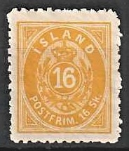 FRIMÆRKER ISLAND | 1873 - AFA 4B - 16 sk. gul linietakning 12 3/4 - Ubrugt (Velcentreret)
