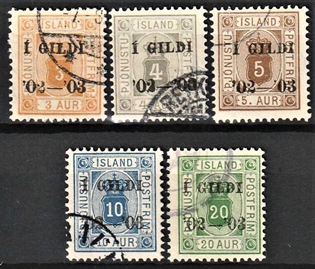 FRIMÆRKER ISLAND | 1902-03 - AFA 10B-15B - Tjeneste I GILDI overtryk - 3 aur - 20 aur tk. 12 3/4 - Stemplet