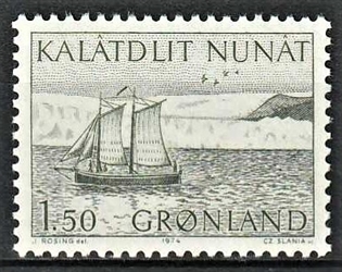 FRIMÆRKER GRØNLAND | 1974 - AFA 87 - Postbefordring - 1,50 kr. grøn (den mørke) - Postfrisk