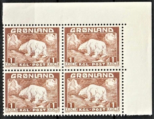 FRIMÆRKER GRØNLAND | 1938 - AFA 7 - Isbjørn - 1 kr. gulbrun i 4-blok med øvre marginal - Postfrisk