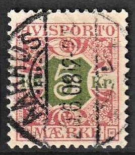 FRIMÆRKER DANMARK | 1907 - AFA 9 - 5 Kr. rød/grøn Avisporto - Stemplet
