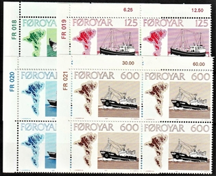 FRIMÆRKER FÆRØERNE | 1977 | AFA 18-21 | Færøske fiskefartøjer - 100 - 600 øre komplet sæt i marginal 4-blokke - Postfrisk