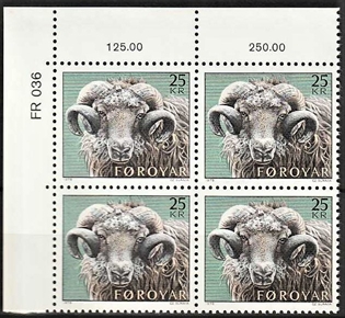 FRIMÆRKER FÆRØERNE | 1979 | AFA 36 | Færøsk vædder - 25 kr. i marginal 4-blok - Postfrisk