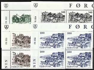 FRIMÆRKER FÆRØERNE | 1981 | AFA 53-56 | Det gamle Torshavn - 110 - 200 øre i komplet sæt marginal 4-blokke - Postfrisk