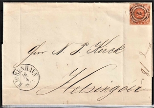 FRIMÆRKER DANMARK | 1854-57 - AFA 4 - 4 Skilling brun på brev - Stemplet 