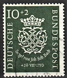 FRIMÆRKER VESTTYSKL. BUND: 1950 | AFA 1084 | 200 året for Bachs død - 10 + 2 pf. mørkgrøn - Stemplet