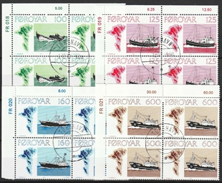 FRIMÆRKER FÆRØERNE | 1977 | AFA 18-21 | Færøske fiskefartøjer - 100-600 øre i 4-blok sæt med marginal - Lux Stemplet