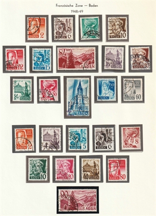 Frimærker Tyskland | Fransk Zone, Baden | 1948-49 - AFA 14-27+40-49 i komplette sæt - Pænt Stemplet