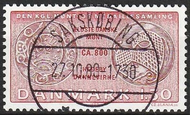 FRIMÆRKER DANMARK | 1980 - AFA 708 - Gamle danske mønter - 1,30 Kr. rød/rødbrun - Lux Stemplet Sakskøbing