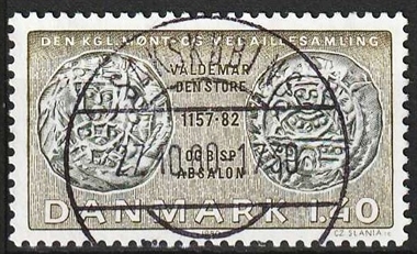 FRIMÆRKER DANMARK | 1980 - AFA 709 - Gamle danske mønter - 1,40 Kr. olivengrøn/sortgrøn - Lux Stemplet Sakskøbing