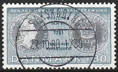 FRIMÆRKER DANMARK | 1980 - AFA 710 - Gamle danske mønter - 1,80 Kr. blå/blågrøn - Lux Stemplet Sakskøbing