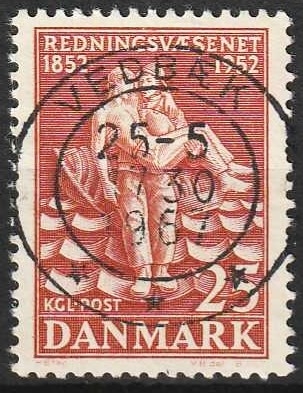 FRIMÆRKER DANMARK | 1952 - AFA 334 - Redningsvæsnet 100 år - 25 øre brunrød - Pragt Stemplet Vedbæk