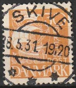 FRIMÆRKER DANMARK | 1927 - AFA 172 - Karavel 30 øre gul - Lux Stemplet Skive