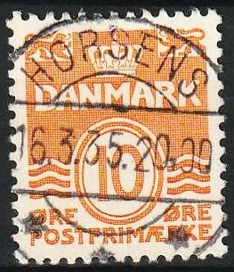 FRIMÆRKER DANMARK | 1933 - AFA 202 - Bølgelinie 10 øre orange type IA - Lux Stemplet Horsens