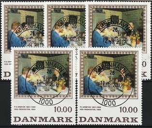 FRIMÆRKER DANMARK | 1996 - AFA 1131 - P.S Krøyer - 10,00 Kr. flerfarvet x 5 stk. - Pragt Stemplet 