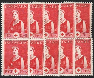 FRIMÆRKER DANMARK | 1939 - AFA 253 - Dronning Alexandrine Røde Kors - 15 + 5 øre rød x 10 stk. - Postfrisk