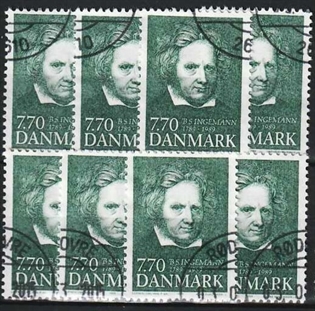 FRIMÆRKER DANMARK | 1989 - AFA 945 - B. S. Ingemann - 7,70 Kr. grøn x 8 stk. - Pænt hjørnestemplet 