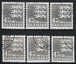 FRIMÆRKER DANMARK | 1988 - AFA 899 - Rigsvåben - 4,60 Kr. grå x 6 stk. - Pænt Hjørne Stemplet 