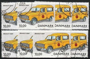FRIMÆRKER DANMARK | 2002 - AFA 1323 - Postkøretøjer - 10,00 Kr. flerfarvet x 8 stk. - Pænt hjørnestemplet