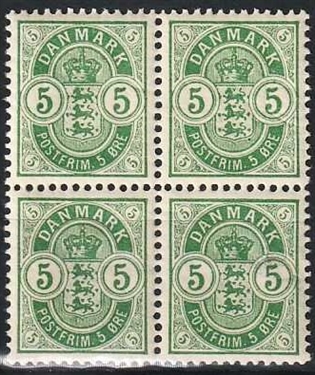 FRIMÆRKER DANMARK | 1895 - AFA 34B - Våbentype - 5 øre grøn i 4-blok - Postfrisk (AFA kr. 1.080,-)